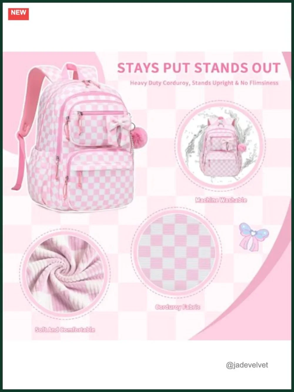 Kawaii Corduroy Backpack with Multi-Pockets for Teen Girls, Laptop Ready